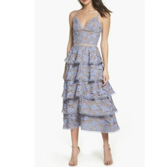 SAU LEE Violet Camellia Lace Tiered Midi Dress